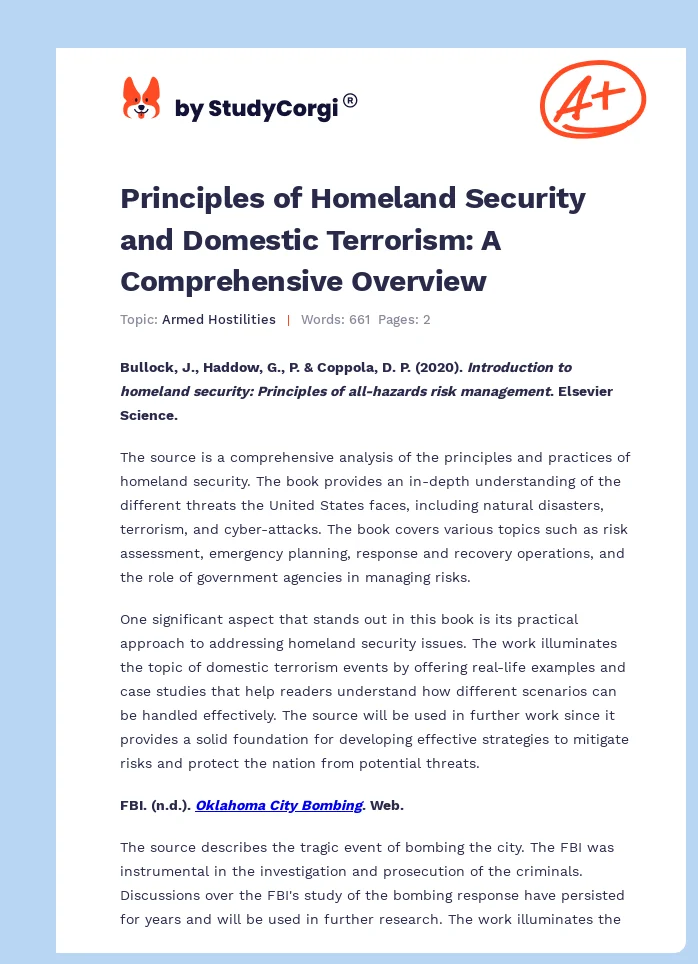 Principles of Homeland Security and Domestic Terrorism: A Comprehensive Overview. Page 1