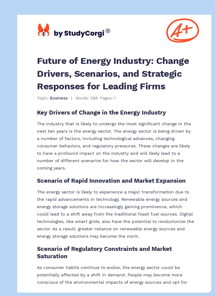 Future of Energy Industry: Change Drivers, Scenarios, and Strategic Responses for Leading Firms. Page 1