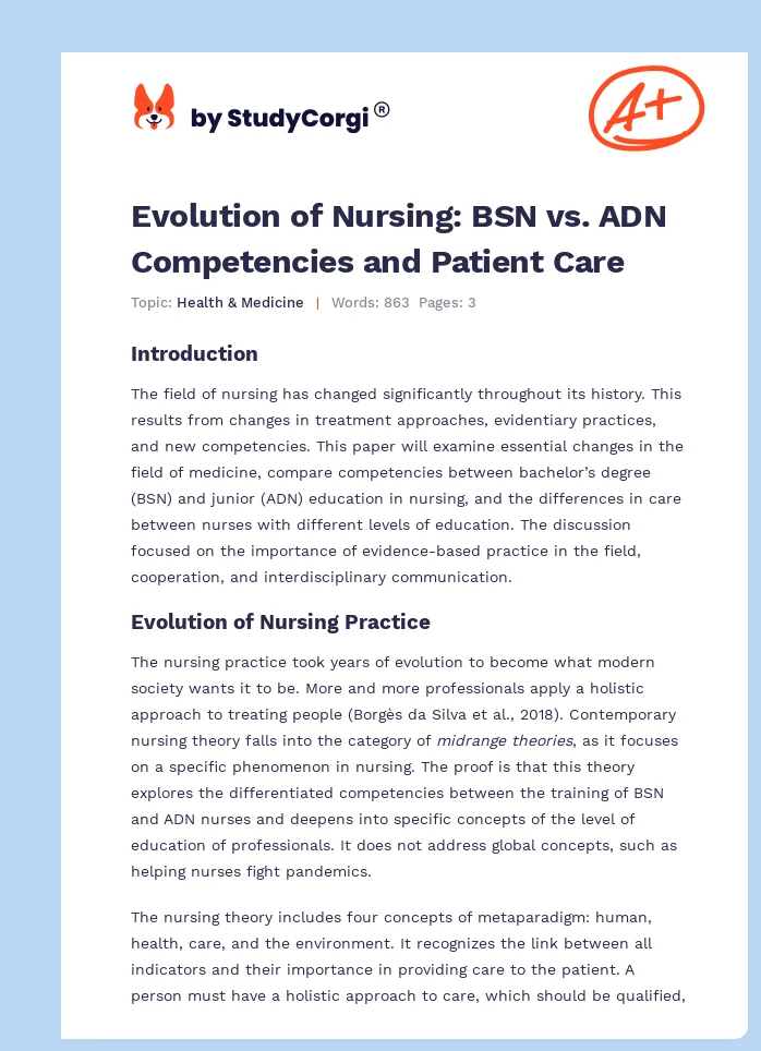 Evolution of Nursing: BSN vs. ADN Competencies and Patient Care. Page 1