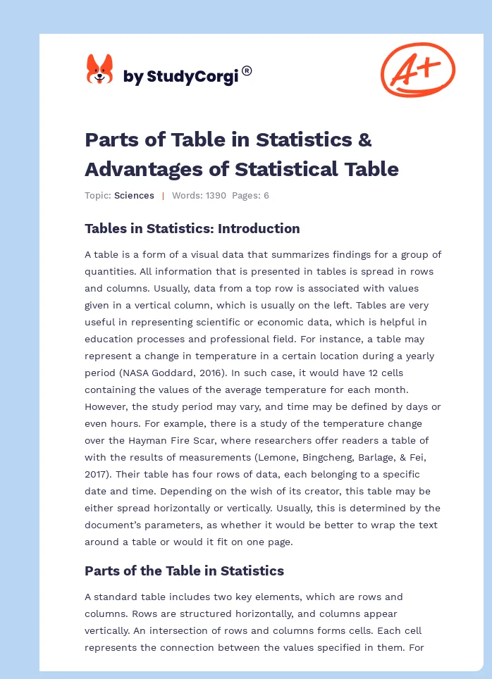 Parts of Table in Statistics & Advantages of Statistical Table. Page 1