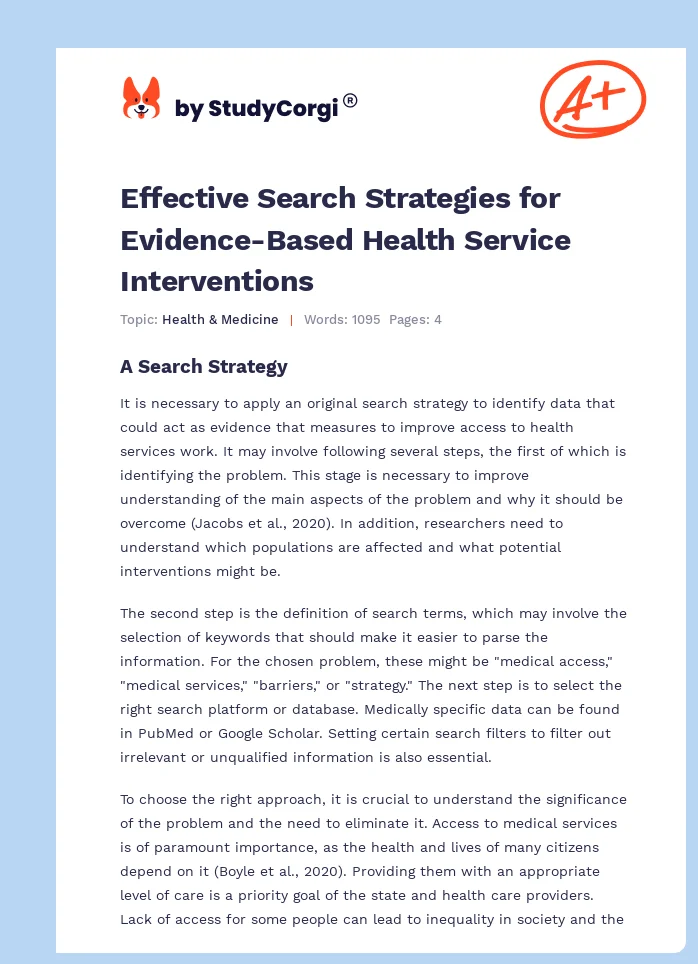 Effective Search Strategies for Evidence-Based Health Service Interventions. Page 1