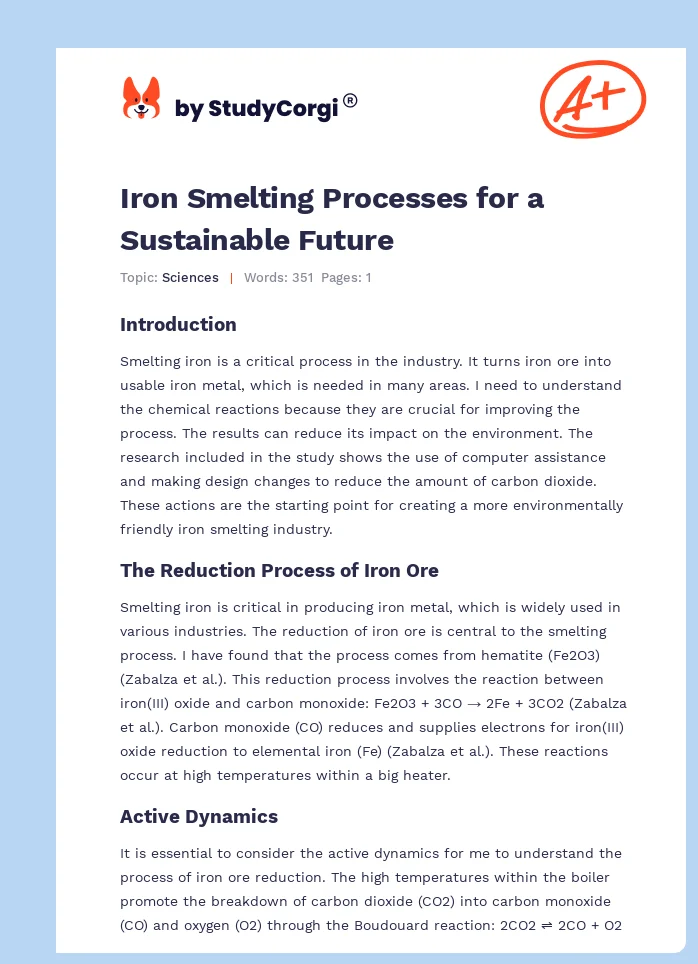 Iron Smelting Processes for a Sustainable Future. Page 1