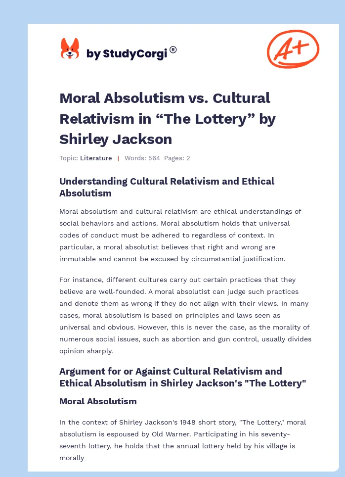 Moral Absolutism vs. Cultural Relativism in “The Lottery” by Shirley Jackson. Page 1