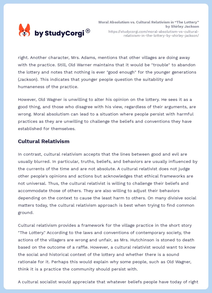 Moral Absolutism vs. Cultural Relativism in “The Lottery” by Shirley Jackson. Page 2