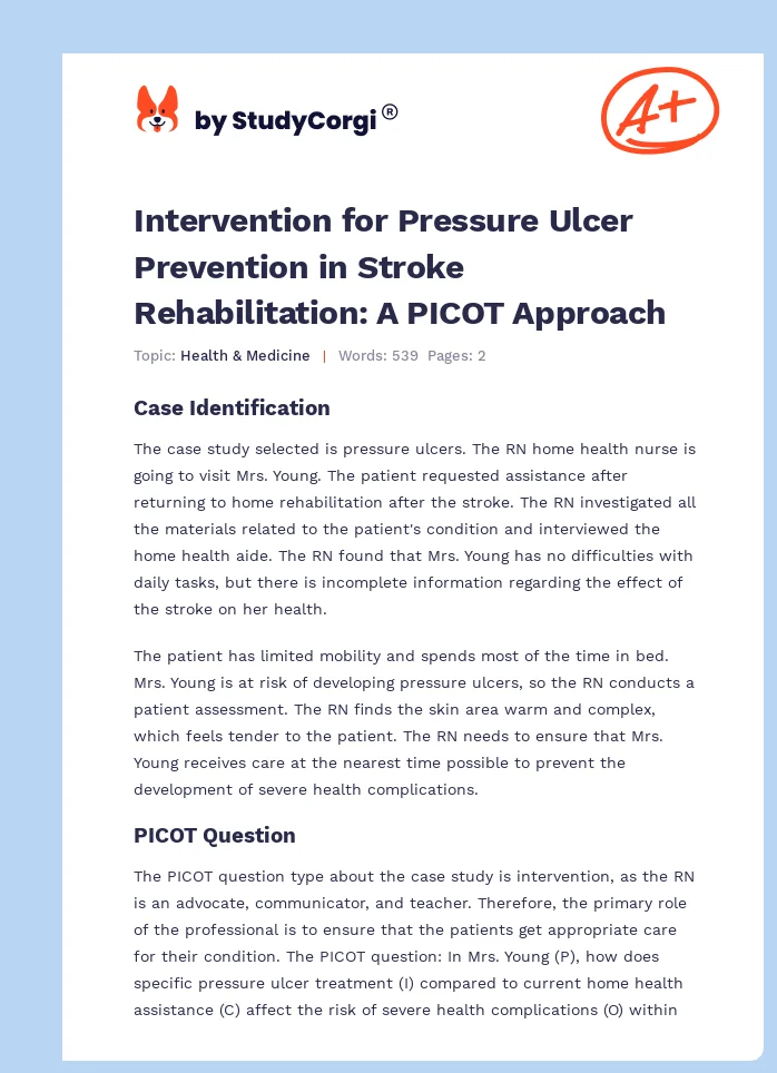 Intervention for Pressure Ulcer Prevention in Stroke Rehabilitation: A PICOT Approach. Page 1