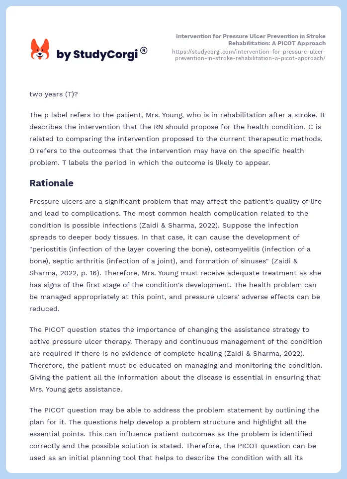 Intervention for Pressure Ulcer Prevention in Stroke Rehabilitation: A PICOT Approach. Page 2