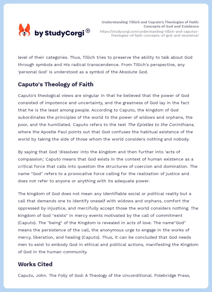 Understanding Tillich and Caputo’s Theologies of Faith: Concepts of God and Existence. Page 2