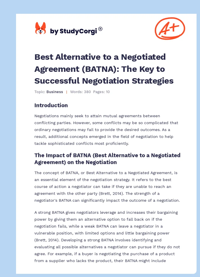 Best Alternative to a Negotiated Agreement (BATNA): The Key to Successful Negotiation Strategies. Page 1