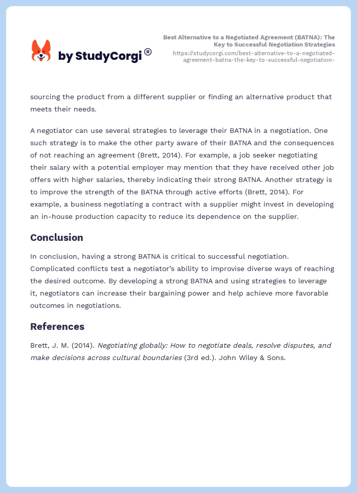 Best Alternative to a Negotiated Agreement (BATNA): The Key to Successful Negotiation Strategies. Page 2