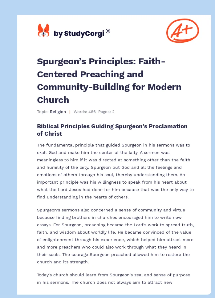 Spurgeon’s Principles: Faith-Centered Preaching and Community-Building for Modern Church. Page 1