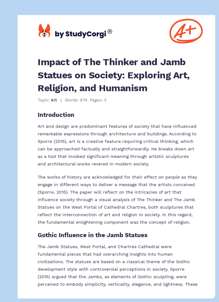 Impact of The Thinker and Jamb Statues on Society: Exploring Art, Religion, and Humanism. Page 1