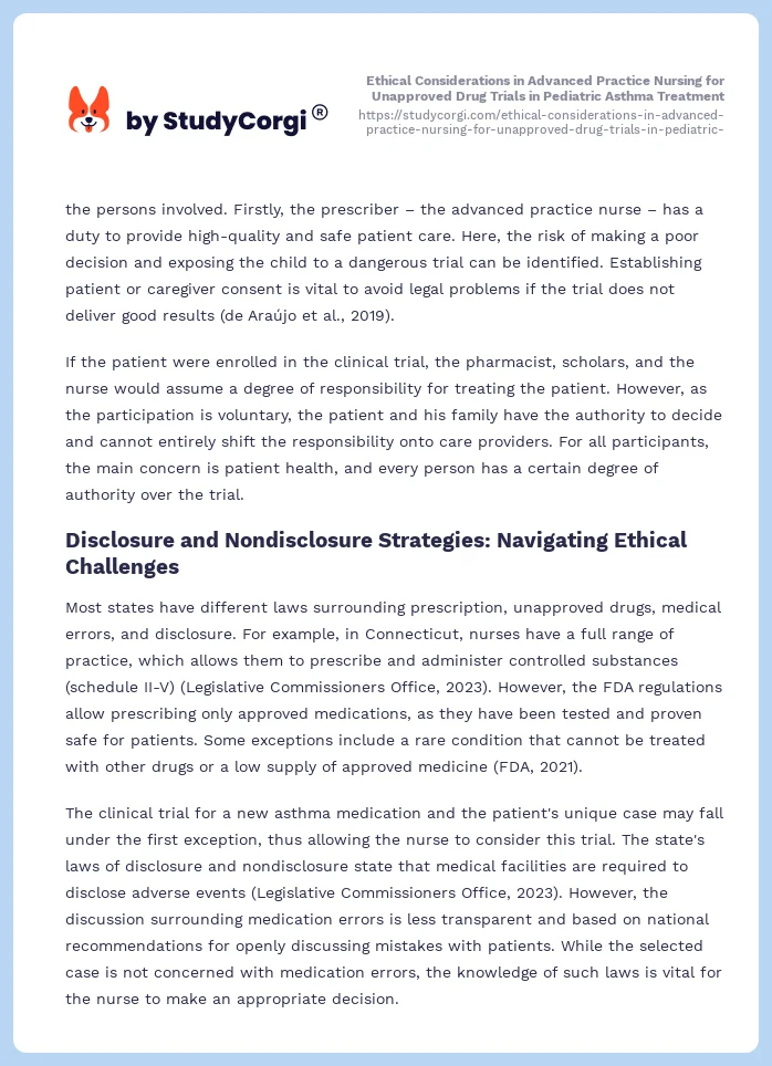 Ethical Considerations in Advanced Practice Nursing for Unapproved Drug Trials in Pediatric Asthma Treatment. Page 2