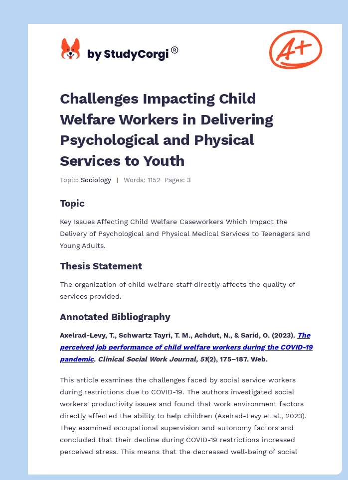 Challenges Impacting Child Welfare Workers in Delivering Psychological and Physical Services to Youth. Page 1