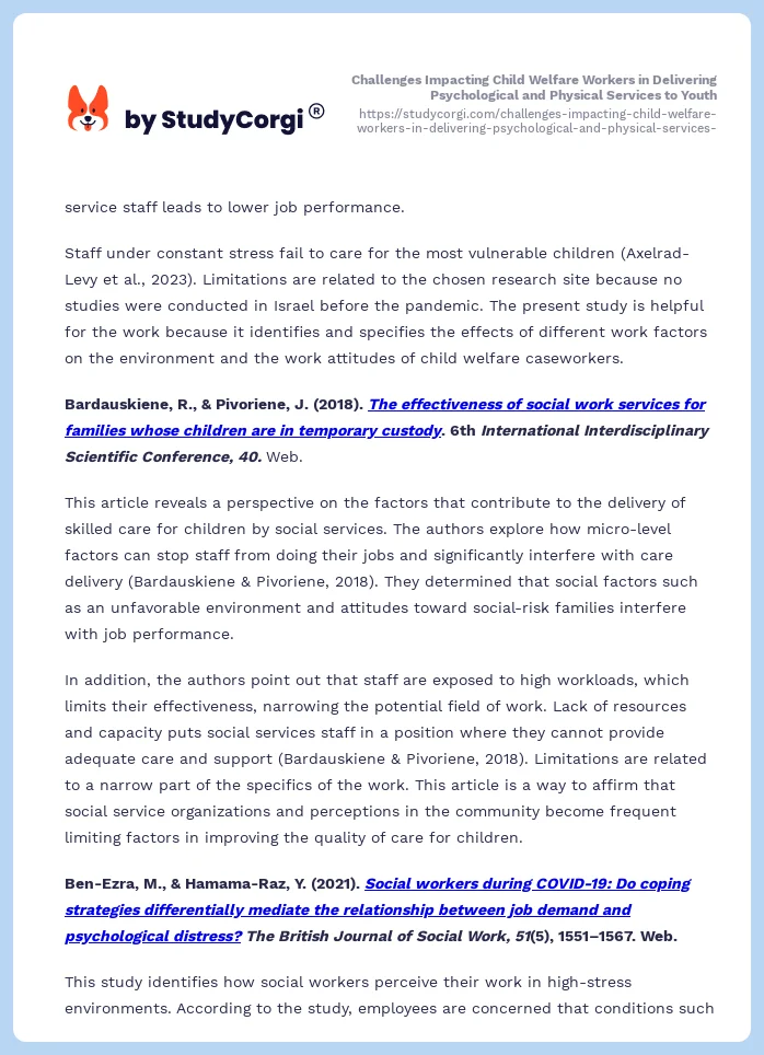 Challenges Impacting Child Welfare Workers in Delivering Psychological and Physical Services to Youth. Page 2