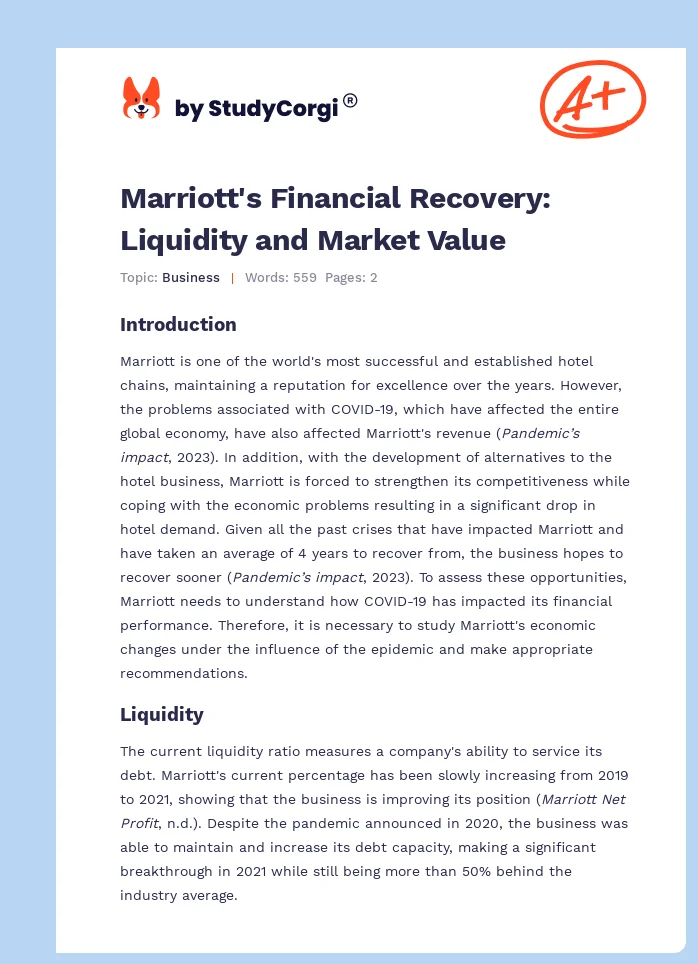 Marriott's Financial Recovery: Liquidity and Market Value. Page 1