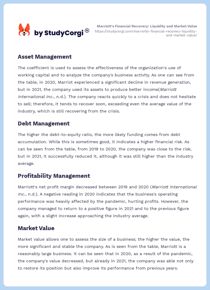 Marriott's Financial Recovery: Liquidity and Market Value. Page 2