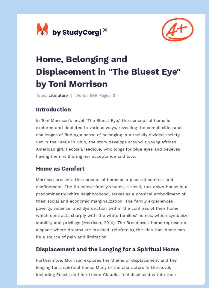 Home, Belonging and Displacement in "The Bluest Eye" by Toni Morrison. Page 1