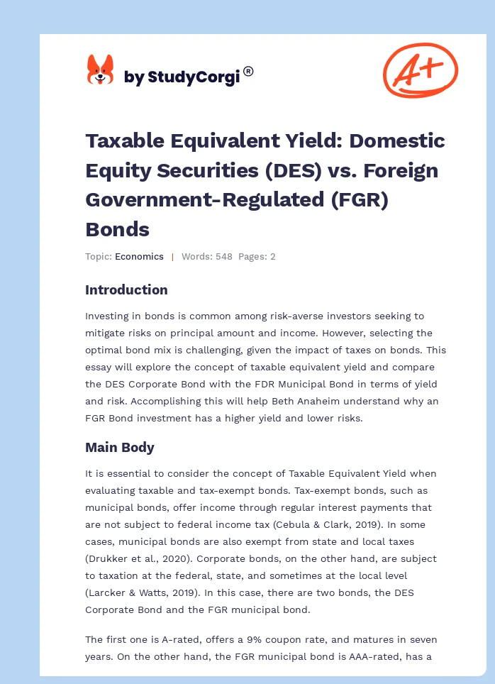 Taxable Equivalent Yield: Domestic Equity Securities (DES) vs. Foreign Government-Regulated (FGR) Bonds. Page 1