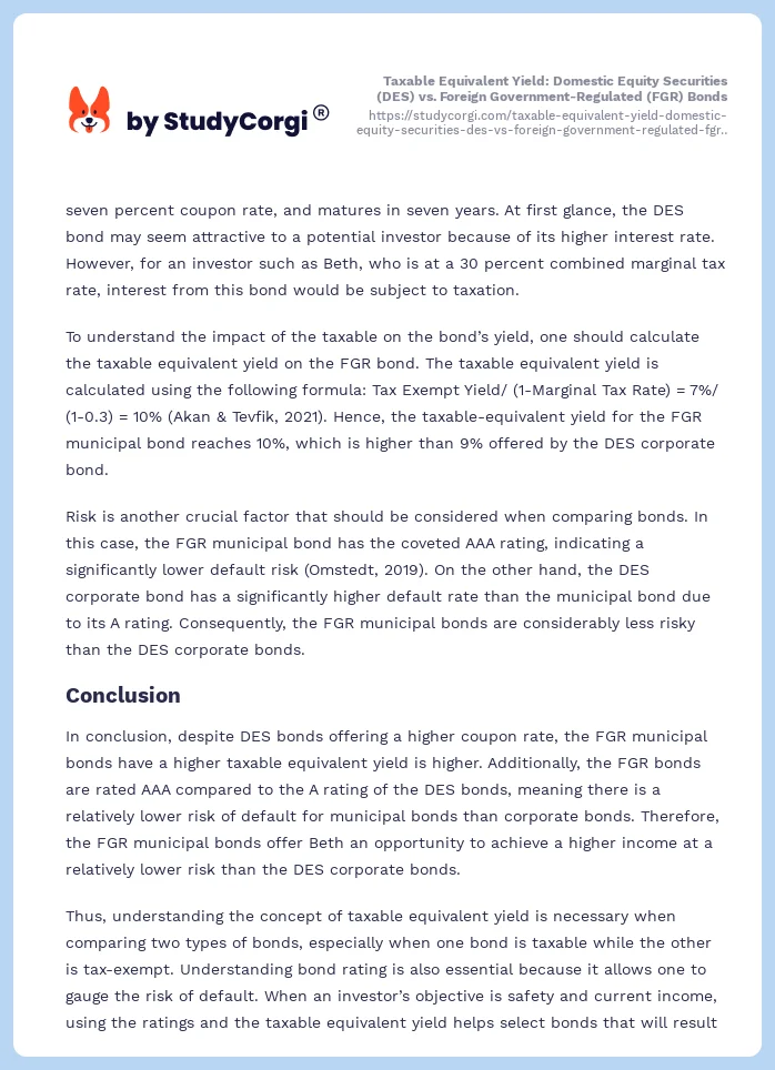 Taxable Equivalent Yield: Domestic Equity Securities (DES) vs. Foreign Government-Regulated (FGR) Bonds. Page 2