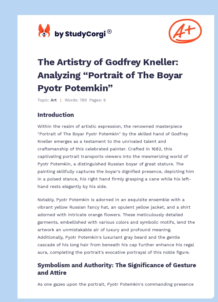 The Artistry of Godfrey Kneller: Analyzing “Portrait of The Boyar Pyotr Potemkin”. Page 1