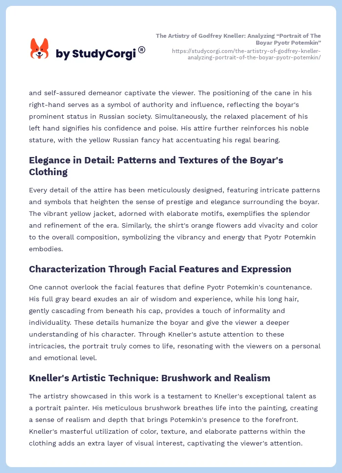 The Artistry of Godfrey Kneller: Analyzing “Portrait of The Boyar Pyotr Potemkin”. Page 2