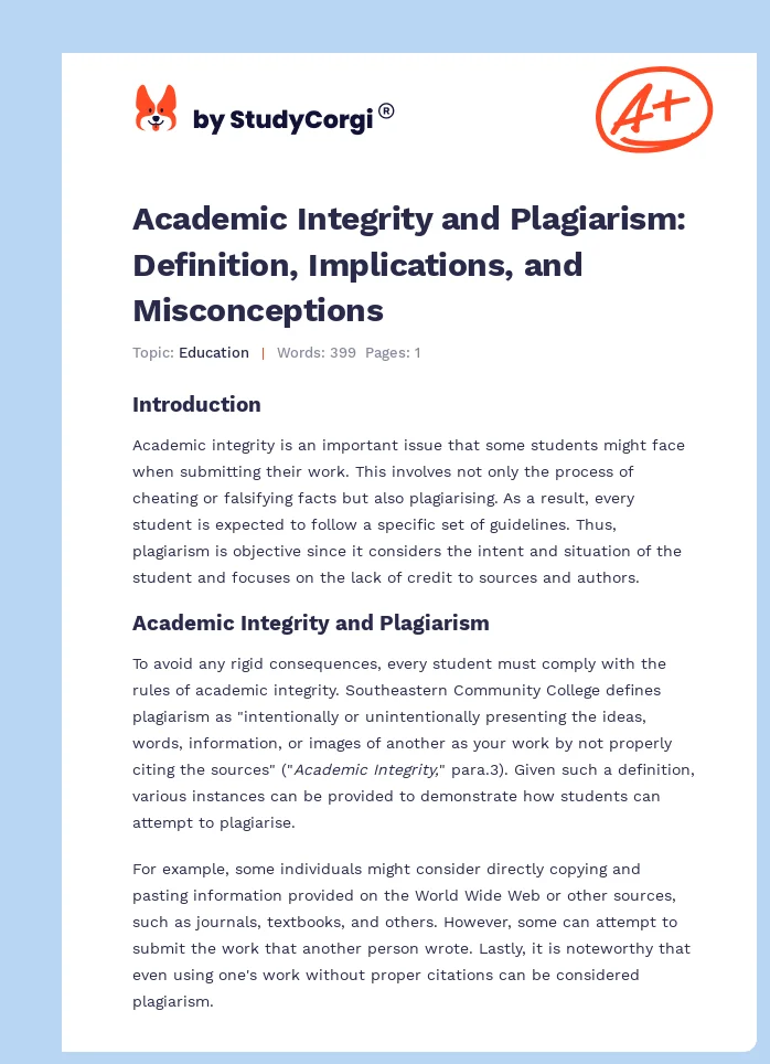 Academic Integrity and Plagiarism: Definition, Implications, and Misconceptions. Page 1