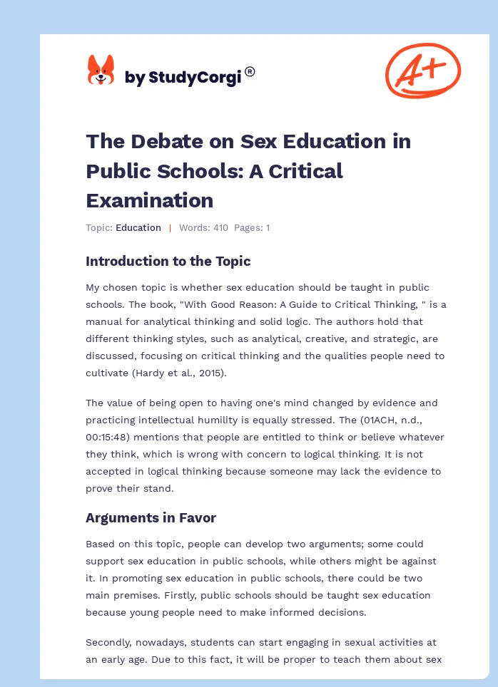 The Debate on Sex Education in Public Schools: A Critical Examination. Page 1