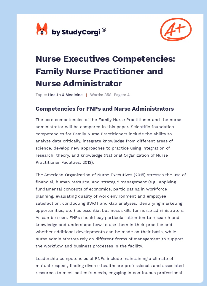 Nurse Executives Competencies: Family Nurse Practitioner and Nurse Administrator. Page 1