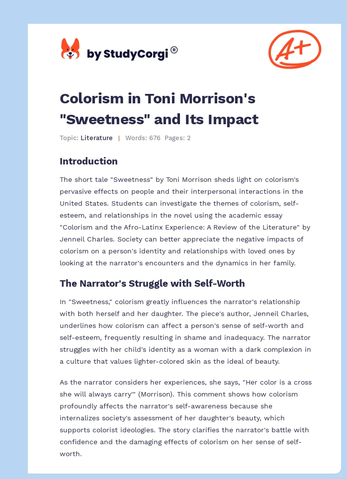 Colorism in Toni Morrison's "Sweetness" and Its Impact. Page 1