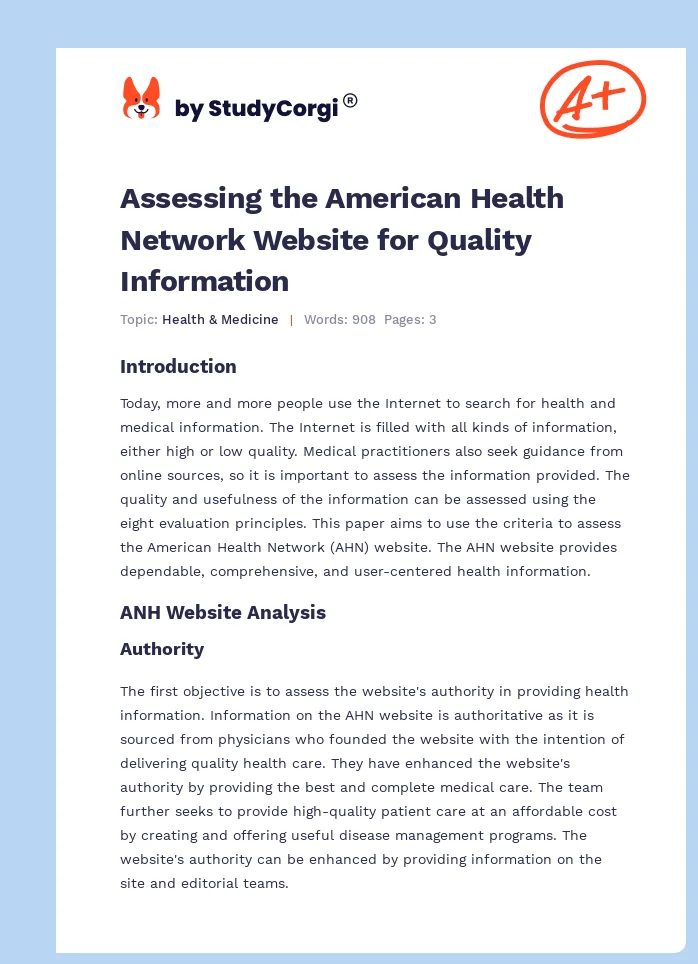 Assessing the American Health Network Website for Quality Information. Page 1