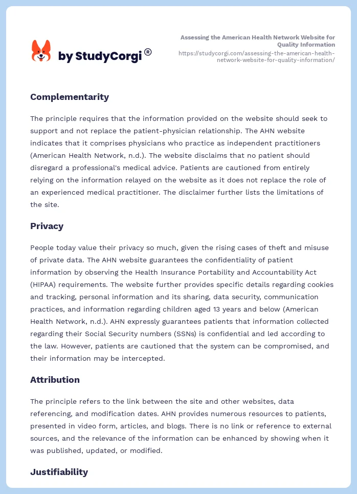 Assessing the American Health Network Website for Quality Information. Page 2