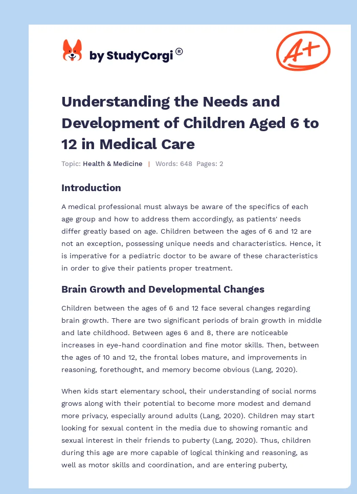 Understanding the Needs and Development of Children Aged 6 to 12 in Medical Care. Page 1