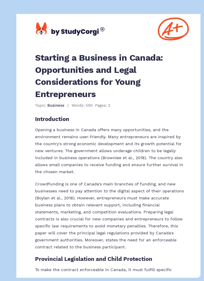 Starting a Business in Canada: Opportunities and Legal Considerations for Young Entrepreneurs. Page 1