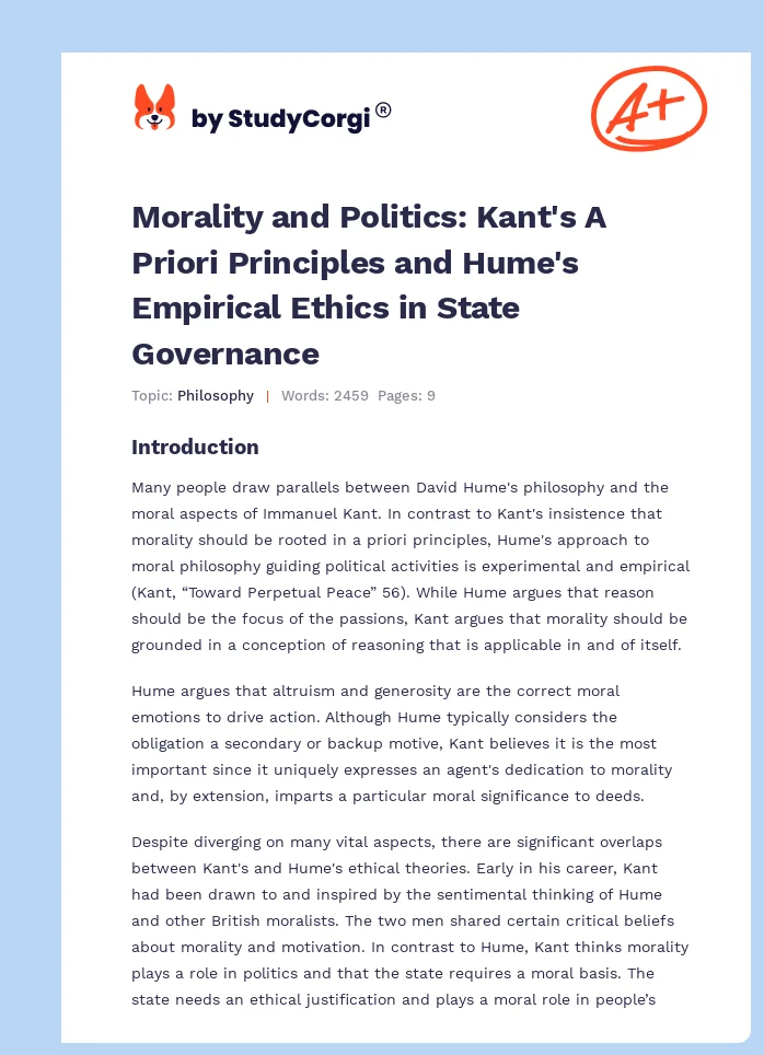 Morality and Politics: Kant's A Priori Principles and Hume's Empirical Ethics in State Governance. Page 1