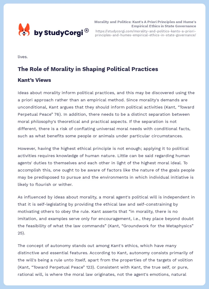 Morality and Politics: Kant's A Priori Principles and Hume's Empirical Ethics in State Governance. Page 2