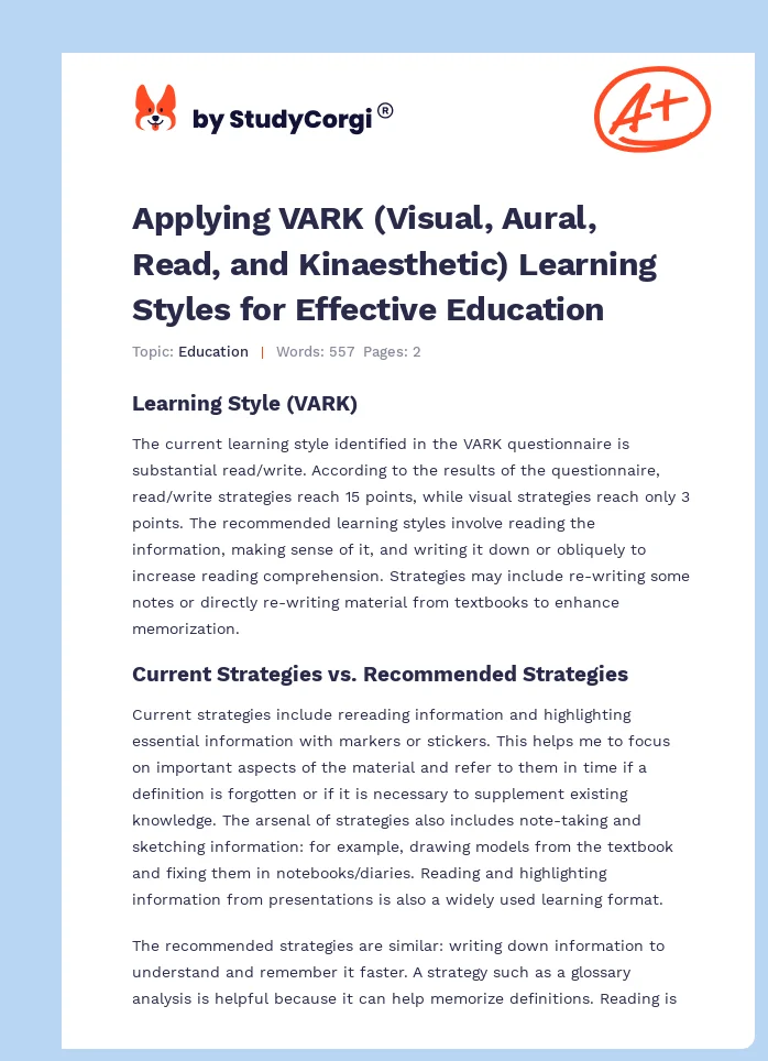 Applying VARK (Visual, Aural, Read, and Kinaesthetic) Learning Styles for Effective Education. Page 1