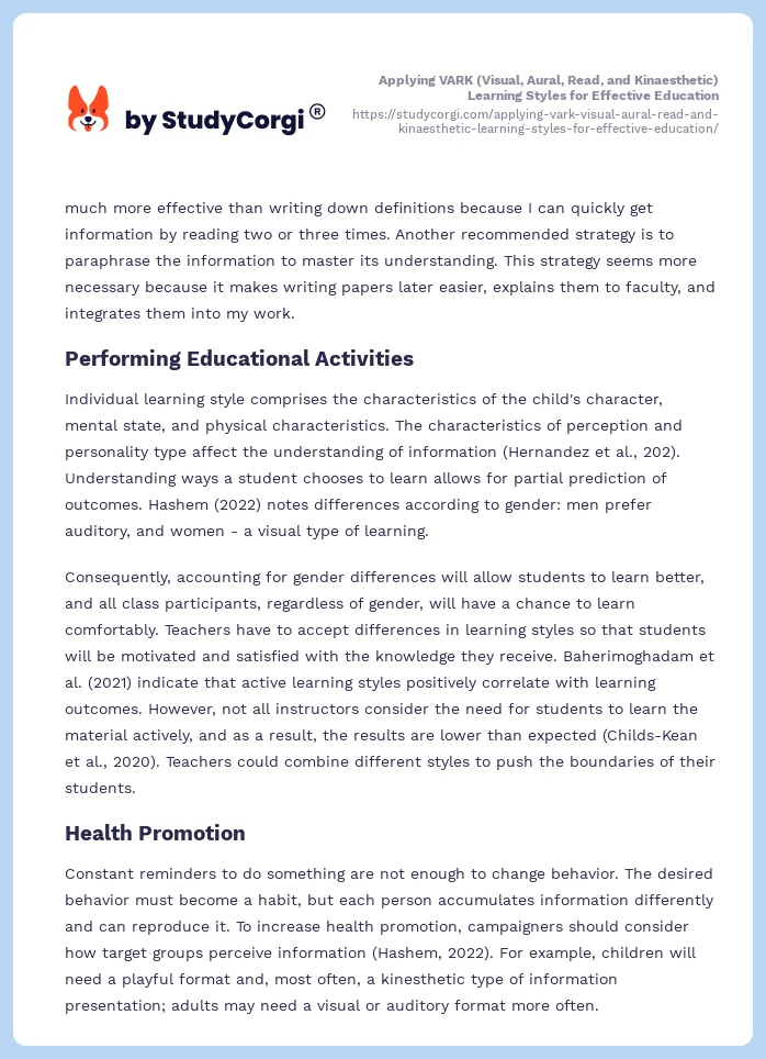 Applying VARK (Visual, Aural, Read, and Kinaesthetic) Learning Styles for Effective Education. Page 2