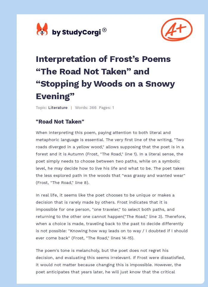 Interpretation of Frost’s Poems “The Road Not Taken” and “Stopping by Woods on a Snowy Evening”. Page 1