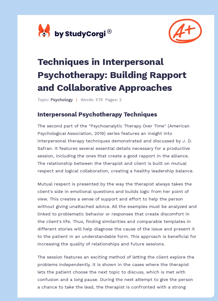 Techniques in Interpersonal Psychotherapy: Building Rapport and Collaborative Approaches. Page 1