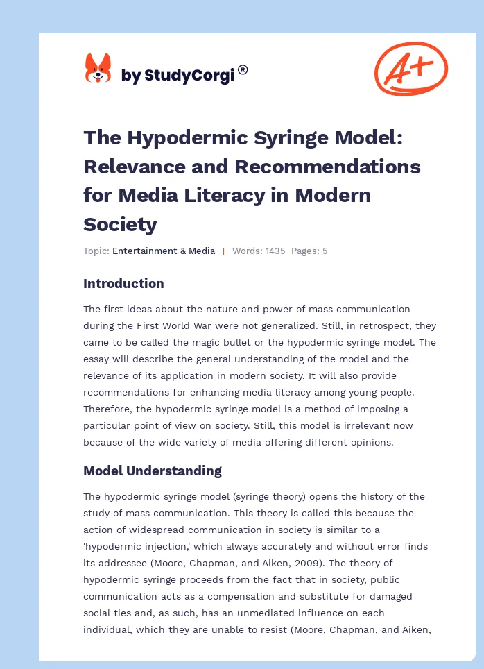 The Hypodermic Syringe Model: Relevance and Recommendations for Media Literacy in Modern Society. Page 1