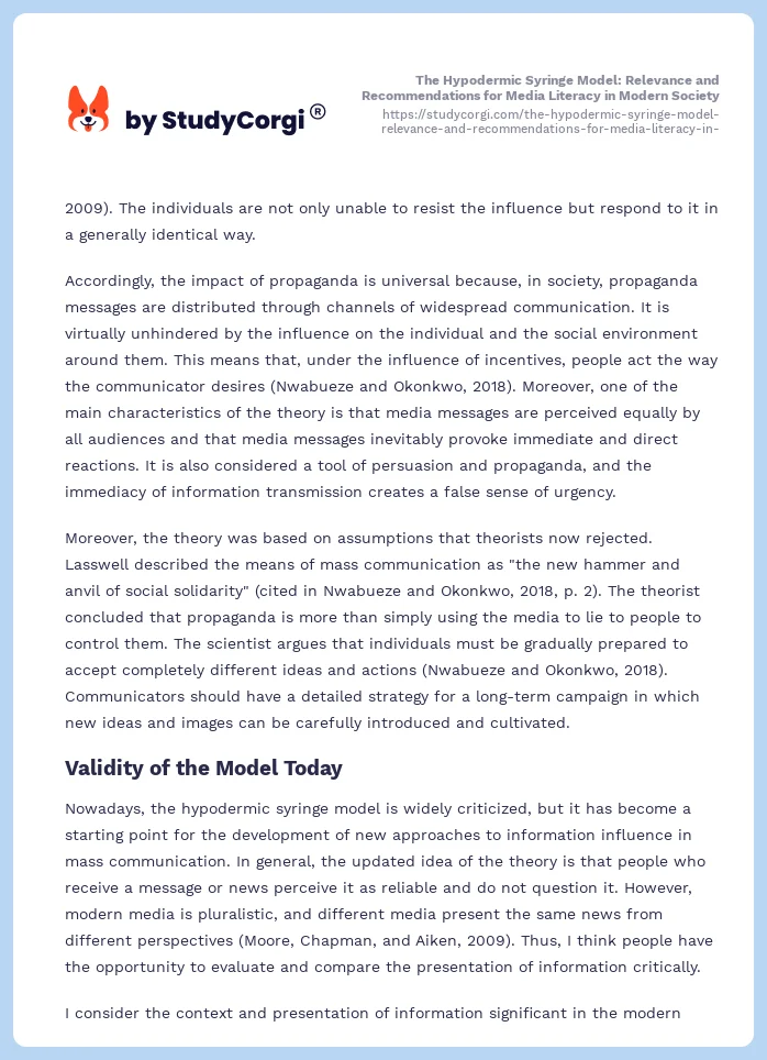 The Hypodermic Syringe Model: Relevance and Recommendations for Media Literacy in Modern Society. Page 2