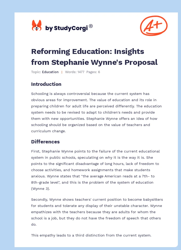 Reforming Education: Insights from Stephanie Wynne's Proposal. Page 1