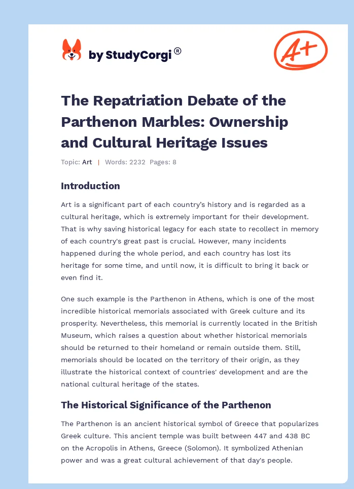 The Repatriation Debate of the Parthenon Marbles: Ownership and Cultural Heritage Issues. Page 1