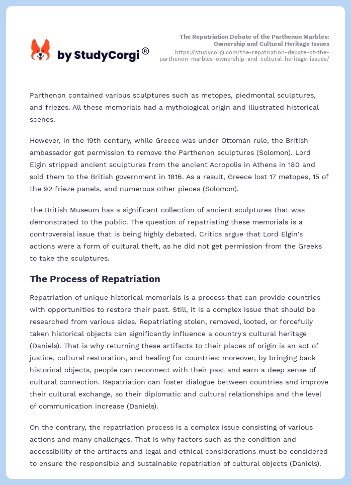 The Repatriation Debate of the Parthenon Marbles: Ownership and Cultural Heritage Issues. Page 2