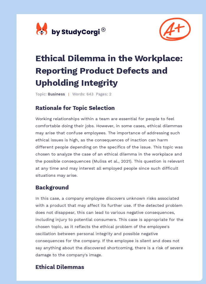 Ethical Dilemma in the Workplace: Reporting Product Defects and Upholding Integrity. Page 1