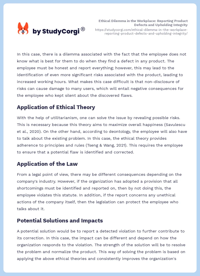 Ethical Dilemma in the Workplace: Reporting Product Defects and Upholding Integrity. Page 2