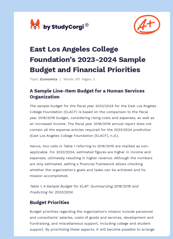 East Los Angeles College Foundation’s 2023-2024 Sample Budget and Financial Priorities. Page 1