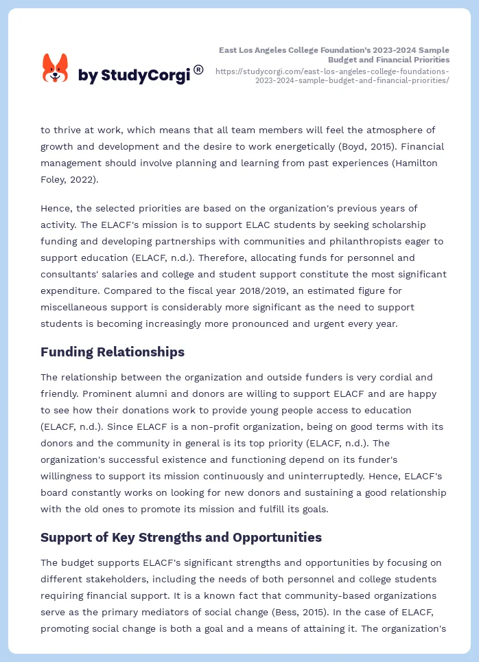 East Los Angeles College Foundation’s 2023-2024 Sample Budget and Financial Priorities. Page 2