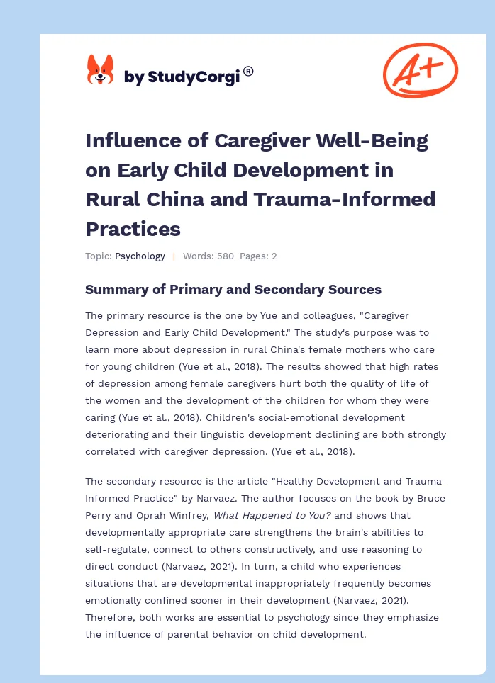 Influence of Caregiver Well-Being on Early Child Development in Rural China and Trauma-Informed Practices. Page 1