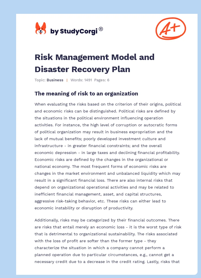 Risk Management Model and Disaster Recovery Plan. Page 1